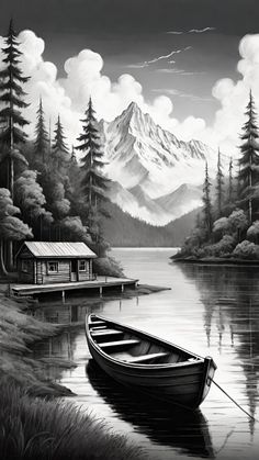 black and white painting of a boat on the water with mountains in the back ground