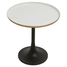 a white table with black base and gold trim on it's top, against a white background