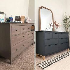 two pictures side by side one with a dresser and the other with a large mirror