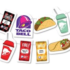 taco bell stickers are arranged in a circle on a white background with drinks and snacks