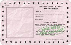 a pink paper with black stars on it and a green stamp that says, permanent license of travel