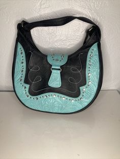 Turquoise Leather Shoulder Bag, Turquoise Leather Bag With Removable Pouch, Turquoise Leather Tote Bag, Turquoise Leather Bag With Adjustable Strap, Black Turquoise, Studded Bag, American West, Tooled Leather, Leather Tooling