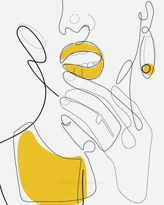 a line drawing of a woman's face with yellow lips and hands on her chest