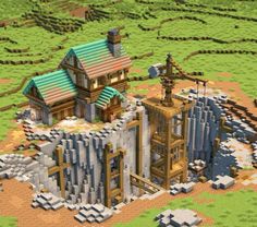 Mine Build Minecraft, Mine In Minecraft, Minecraft Mine Crane, House Building Ideas Minecraft, Minecraft Mining House, Mines Minecraft, Quarry Minecraft, Minecraft Riverside, Minecraft Mine Ideas