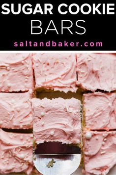 pink frosted sugar cookie bars stacked on top of each other with text overlay