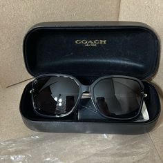 Brand New With Sunglasses Case Included. Chic Coach Sunglasses With Uv Protection, Chic Coach Sunglasses With Polarized Lenses, Elegant Square Frame Sunglasses For Travel, Elegant Glass Sunglasses For Travel, Eye Glasses Case, Rhinestone Sunglasses, Coach Sunglasses, Grey Sunglasses, Sunglass Chain