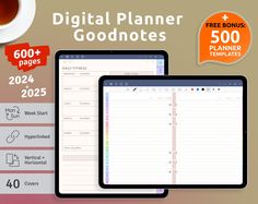 the digital planner is displayed next to a tablet with coffee and paper on it,