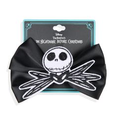 This is The Nightmare Before Christmas merchandise! Disney tells the story of Jack Skellington, a being from Halloween-Town. When he learns about Christmas, he decides he wants to celebrate that holiday too. This cute Jack Skellington hair bow makes a great way for fans to hold up their hair while showing love for the Pumpkin King! It also makes a great costume accessory! The bow itself has an embroidered Jack Skellington character patch on a 2-tier black bowtie style with an alligator clip clos Nightmare Before Christmas Merchandise, Black Velvet Bow, Christmas Hair Bows, Christmas Hair, Tie Styles, Velvet Bow, Making Hair Bows, Halloween Town, Bow Hair Clips