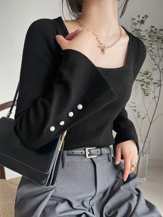 Women Square Neck Rivet Decor Fitted Elegant Long Sleeve Knit Sweater,Long Sleeve Tops Black Casual  Long Sleeve Knitwear Plain Pullovers Non-Stretch  Women Clothing, size features are:Bust: ,Length: ,Sleeve Length: Sleeveless Cardigan, Long Sleeve Knit Sweaters, Casual Hat, Collars For Women, Women's Shapewear, Neutral Fashion, Round Neck Tops, Inspiration Mode, Black Casual