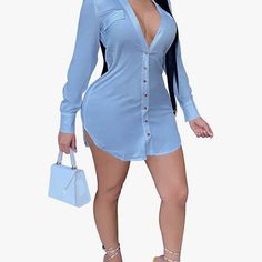 New Never Worn Sky Blue Button Down Dress With Gold Buttons Casual Blouse Designs, Casual Dress Patterns, Fitted Tunic Tops, Autumn Sleeve, Button Down Shirt Dress, Clothes Casual, Solid Color Shirt, Color Shirt, Casual Tops For Women