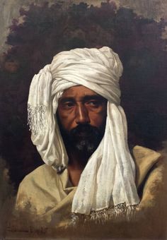 an oil painting of a man wearing a white turban