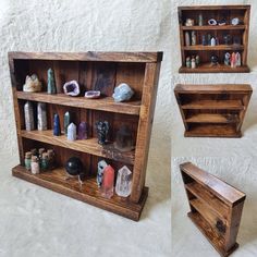 three wooden shelves with different types of rocks and crystals in them on a white background