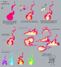 an image of how to draw fire with different colors and shapes, including the flames