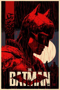 the batman movie poster is shown in red and black