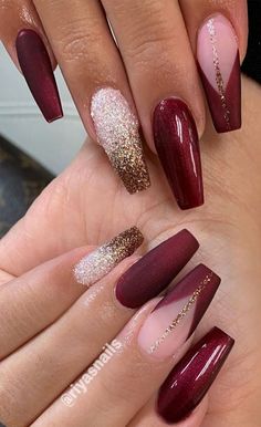 Gold Nail Designs, Burgundy Nails