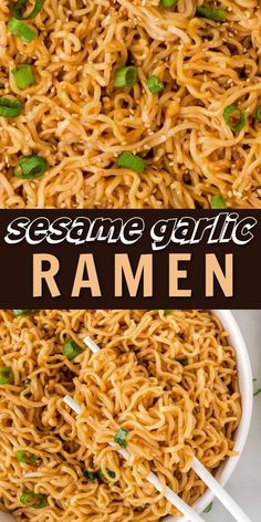 sesame garlic ramen in a white bowl with chopsticks on the side and text overlay that reads sesame garlic ramen