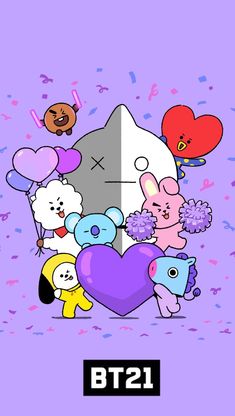 bt21 wallpaper with cartoon characters and balloons in the shape of a heart on a purple background