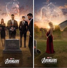 the poster for avengers endgame is shown in two different frames, one with an image of iron man and woman