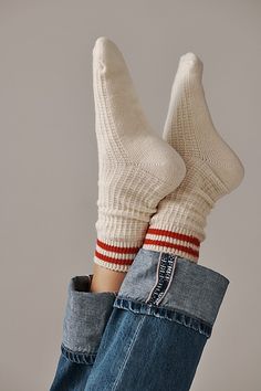 Keep cozy in these so soft knit socks. **Fit:** Crew length **Features:** Marled design, striped trim, and contrasting toe and heel details **Why We | Jackson Cozy Stripe Socks by Free People in Red Aesthetic Socks, Fall Socks, Socks Aesthetic, Stripe Socks, Sock Knitting Patterns, Cozy Socks, Sock Patterns, Striped Socks, Wool Socks