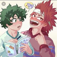 two anime characters one with green hair and the other with red hair reading a book