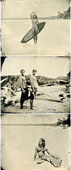 three pictures of people with surfboards on the beach