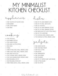 the my minimalist kitchen checklist is shown in black and white with text overlay