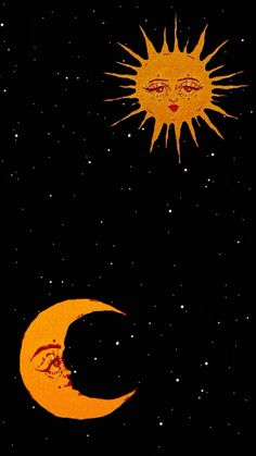 the sun and moon are in the night sky with stars above them, as if they were looking at each other