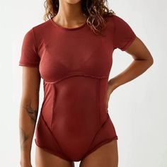 This Bodysuit By Intimately Free People Features A Pull-On Style, Sheer Fabrication, Figure-Flattering Lettuce Seaming Throughout, Short-Sleeve Style, Classic Crew Neckline, Raw Edges, Formfitting Silhouette, Moderate Coverage Bottom, High-Cut Legs, And Lightweight Feel. Style: Have To Have It Color: Rust Red Size: Xs Same Or Next Day Shipping Fitted Lined Body Tops For Loungewear, Summer Fitted Mesh Bodysuit, Red Fitted Short Sleeve Swimwear, Sheer Fitted Bodysuit For Summer, Fitted Short Sleeve Athleisure Bodysuit, Fitted Athleisure Bodysuit For Summer, Fitted One-piece Athleisure Bodysuit, Fitted Athleisure One-piece Bodysuit, Fitted Athleisure Bodysuit