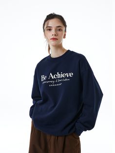 Editor's Notes This basic sweatshirt is simply printed with 'Be Achieve' typography across the front so easy to coordinate with any bottom. It is cut from cotton and polyester-blend that has cozy and soft touch but less shrinkage and wrinkles.- Crew neck- Lettering graphic print on the front- Logo print on the back- Point logo label at the side- Drop shoulder - Ribbed edges- Oversized fit- Unisex wear- Minimize shrinkageMeasurements (in.) Size: M / L - Total Length: 27.6 in. / 28.3 in. - Shoulde Slogan Sweatshirt In Relaxed Fit Athleisure Style, Cotton Athleisure Sweatshirt With Text Print, Relaxed Fit Athleisure Sweatshirt With Slogan, Relaxed Fit Crew Sweats With Text Print, Basic Relaxed Fit Sweatshirt With Text Print, Relaxed Fit Basic Sweatshirt With Text Print, Basic Relax Fit Sweatshirt With Text Print, Basic Sweatshirt, Street Culture