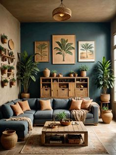 a living room filled with furniture and potted plants