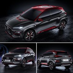 the front and side view of a black suv with red accents in three different angles