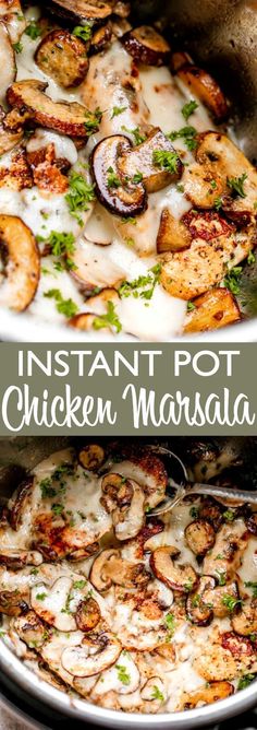 instant pot chicken marsala with mushrooms and parmesan cheese is an easy weeknight meal