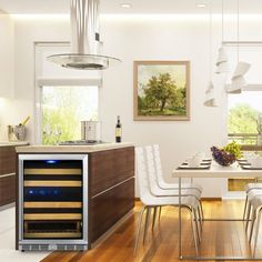 a wine cooler in the middle of a dining room table with chairs around it and a painting on the wall