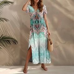 Season:Summer; Fabric:Polyester; Sleeve Length:Short Sleeve; Gender:Women's; Style:Boho; Occasion:Holiday,Vacation; Fit Type:Loose Fit; Dresses Type:Casual Dress; Pattern:Tribal,Graphic; Design:Split Hem; Neckline:V Neck; Front page:FF; Listing Date:03/22/2024; Bust:null; Length:null; Waist:null; Fit US Size:null; Fit UK Size:null; Fit EU Size:null; Dress Length Type:Maxi Dress; Print Type:Print Casual Boho Print Beach Dress, Casual Boho Print Beach Dress For Summer, Bohemian V-neck Boho Dress For Vacation, Multicolor Casual Boho Dress For Vacation, Casual Multicolor Boho Dress For Vacation, Multicolor Boho Dress For Vacation, Casual Boho Maxi Dress For Vacation, Bohemian V-neck Dresses For Summer Outings, Summer Boho Print Maxi Dress For Beach Party