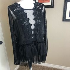 Nwt Free People Long Sleeve Sheer Peplum Top, Size L Great Condition. Super Cute. Party Long Sleeve Top With Ruffle Hem, Party Tops With Ruffle Hem And Long Sleeves, Long Sleeve Party Top With Ruffle Hem, Fitted Peplum Tops With Lace Trim, Fitted Lace Trim Peplum Top, Spring Peplum Top With Lace Trim, Black Lace Top With Ruffles, Black Ruffled Lace Top, Lace Ruffle Top For Layering