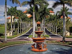 a water fountain surrounded by palm trees in front of a large building with orange roof