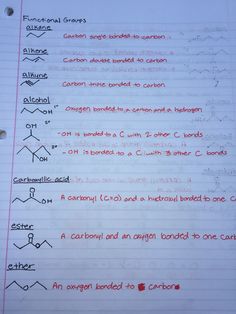 an open notebook with writing on it containing the names of carbons and carbonylic bonds