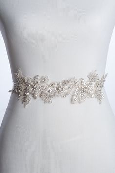 "bridal lace sash Kara, crystal lace sash, wedding dress sash, fitted bridal sash, wedding belt, flower bridal sash, lace sash and belt. this gorgeous wedding belt is made of rhinestones embellished lace, attached to a satin ribbon or a stretch satin ribbon if you would like it fitted to your waist. very beautiful beautiful piece, picture do not actually do justice to the belt. the embellishment is approx 13 inches long beaded. your choice of regular double face satin ribbon (3/4\" wide) to tie Recycled Wedding Dress Ideas, Recycle Wedding Dress, Wedding Suggestions, Wedding Dress Sash Belt, Sash Wedding Dress, Lace Sash, Crystal Lace, Wedding Dress Sash, Wedding Belt