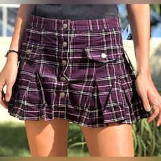 Tripp Nyc Purple Plaid Skirt In A Size Xsmall, But Honestly It Fits Like A Small. In Awesome Condition, Buttons All Work And It’s In Awesome Original Vintage Emo Form. I Got This Circa 2007 In The Golden Age Of Hot Topic, Red Light Ceiling And All. Comes With The Essence Of At Least 1 Warped Tour And A My Chem Show, Black Parade Era. Open To Offers, Hit Me Up Casual Purple Mini Pleated Skirt, Purple Casual Pleated Skirt For Summer, Casual Purple Pleated Bottoms, Purple Pleated Skirted Bottoms, Purple Pleated Skirt-style Skort, Pleated Purple Skort, High Waist Purple Lined Skirt, Purple Fitted High Waist Mini Skirt, Casual Purple Pleated Mini Skirt