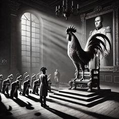 black and white photograph of people standing in front of a rooster statue with an image of king george v on the wall