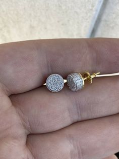 "Amazing stud earrings Awesome round 3D shaped Stones on all sides for a crazy flooded out look! Solid 925 sterling silver with 14k yellow gold finish Wont turn your ears green! 1.5ct vvs man made diamonds SUPER ICY...Must see in the sun! About 1/3\" (9mm) wide perfect medium size! Pair weighs around 2.6 grams Screw backs for a secure fit!" Silver Cluster Earrings In 14k Gold, 14k Gold Pave Setting Earrings As Gift, 14k Gold Earrings With Pave Setting As Gift, Yellow Gold Sterling Silver Cluster Earrings, Gold Round Earrings With Pave Setting, Pave Setting Drop Earrings Jewelry Gift, Round-cut Earrings With Pave Setting For Gift, Round Cut Pave Setting Earrings Gift, Round Cut Earrings With Pave Setting For Gift