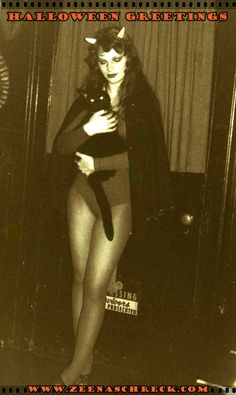 HALLOWEEN GREETINGS! Image: Vintage Halloween photo of Zeena from 1979 with her black cat, Ortgies. Vintage Cat Costume, 1979 Aesthetic, Occult Photography, Old Halloween Aesthetic, Jack Parsons, Zeena Schreck, Zeena Lavey, Vintage Witch Photos, Laveyan Satanism