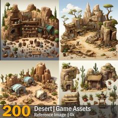 the desert game asset is rendered in three different angles, with various rocks and trees