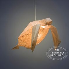 an origami fish lamp hanging from a string with the words no assembly required