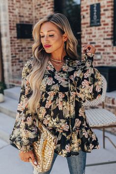 Chic Floral Print Blouse For Garden Party, Fall Peplum Top With Puff Sleeves And Ruffles, Fall Puff Sleeve Peplum Top With Ruffles, Floral Print V-neck Blouse For Garden Party, Off-shoulder Floral Print Tops For Fall, Fall Floral Print Ruffle Sleeve Tops, Black Long Sleeve Smocked Top With Ruffles, Chic Fall Fashion, Fall Style Guide