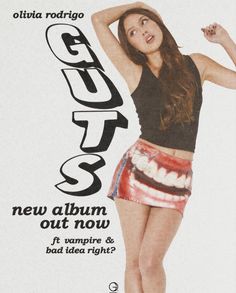 an advertisement for the new album about now, featuring a young woman with her arms behind her head