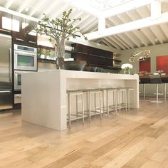 a kitchen with white counter tops and wooden floors