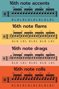 four different types of musical instruments with the names and numbers in each row, including one for