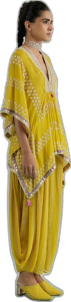 Yellow Bohemian Saree Set, Bohemian Yellow Saree Set, Festival Chanderi Kaftan For Party, Bandhani Print Straight Kurta Sets For Summer, Summer Bandhani Print Sets With Straight Kurta, Bohemian Sets With Gota Work For Navratri, Bollywood Style Kaftan With Gota Work For Diwali, Summer Zari Work Georgette Sets, Traditional Drape Sets With Dupatta For Summer