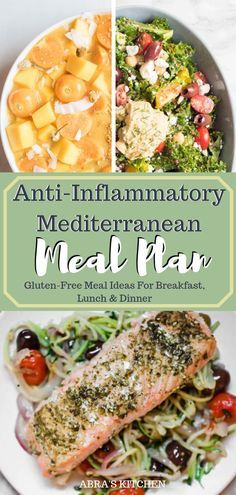 the cover of an anti - inflamatory mediterranean meal plan with pictures of different foods